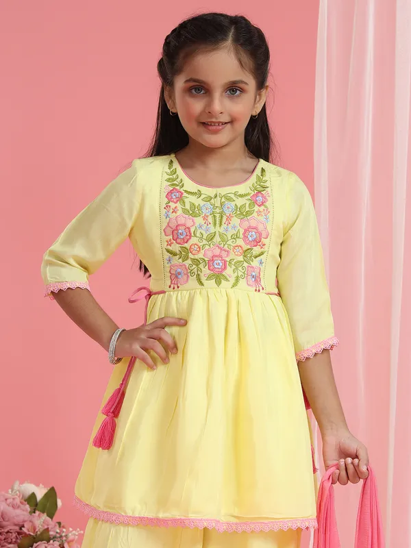 Yellow silk dhoti style salwar suit with dupatta