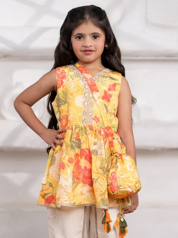 Yellow silk dhoti suit with print