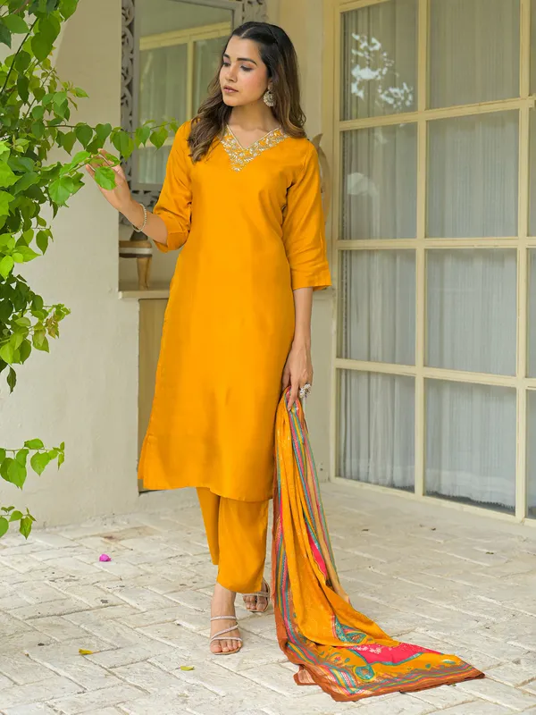 Yellow silk embroidered kurti set with dupatta