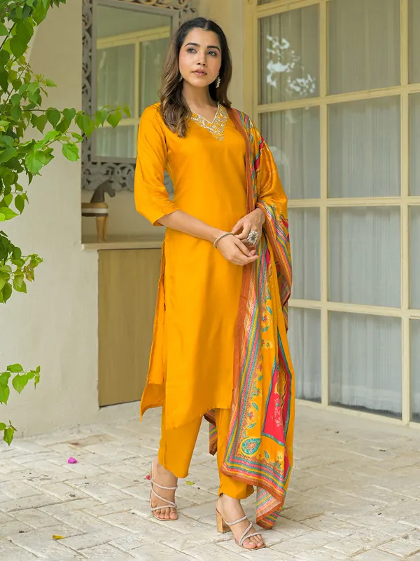 Yellow silk embroidered kurti set with dupatta