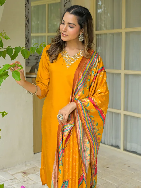 Yellow silk embroidered kurti set with dupatta