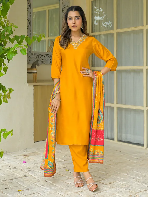 Yellow silk embroidered kurti set with dupatta