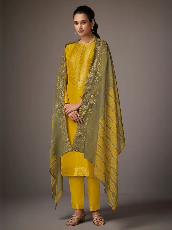 Yellow silk festive wear salwar suit for women