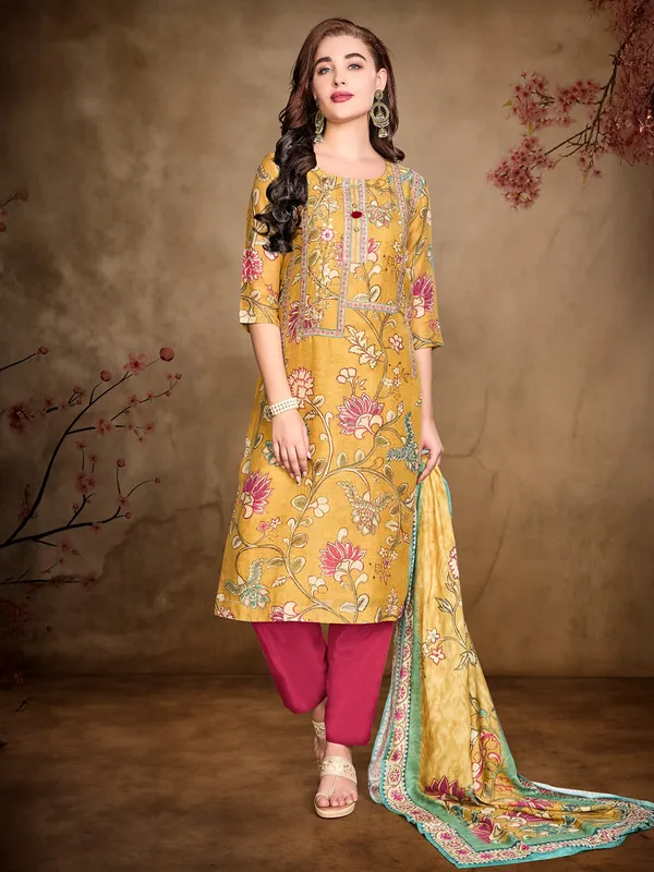 Yellow silk festive wear salwar suit with dupatta