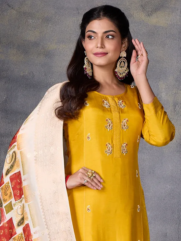 Yellow silk festive wear salwar suit with print