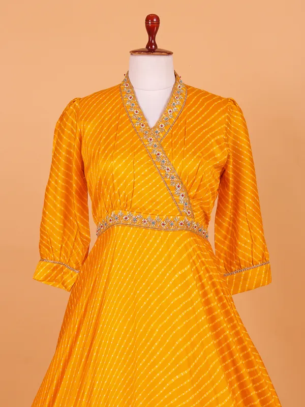 Yellow silk floor length anarkali suit with print