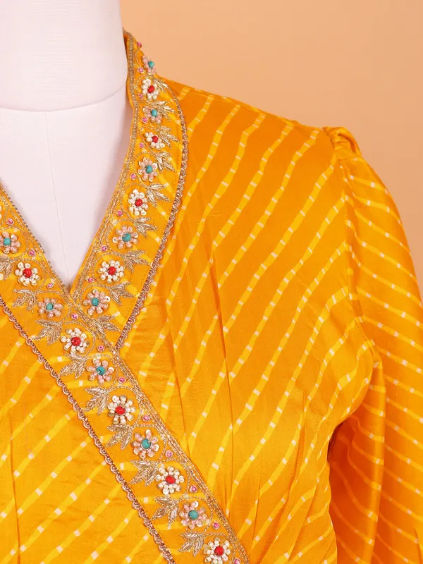 Yellow silk floor length anarkali suit with print