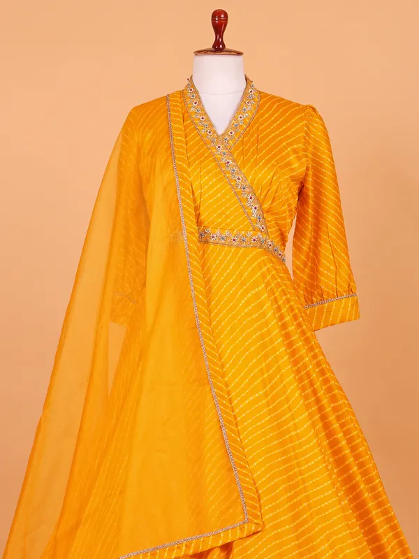 Yellow silk floor length anarkali suit with print