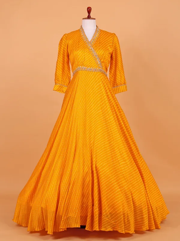 Yellow silk floor length anarkali suit with print