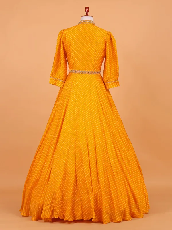 Yellow silk floor length anarkali suit with print