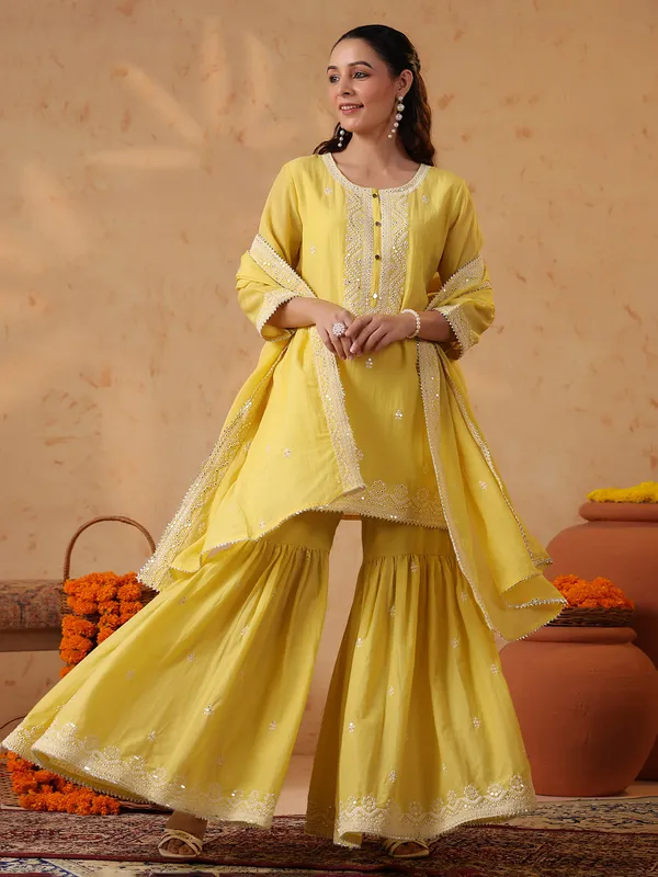 Yellow silk haldi sharara set with dupatta