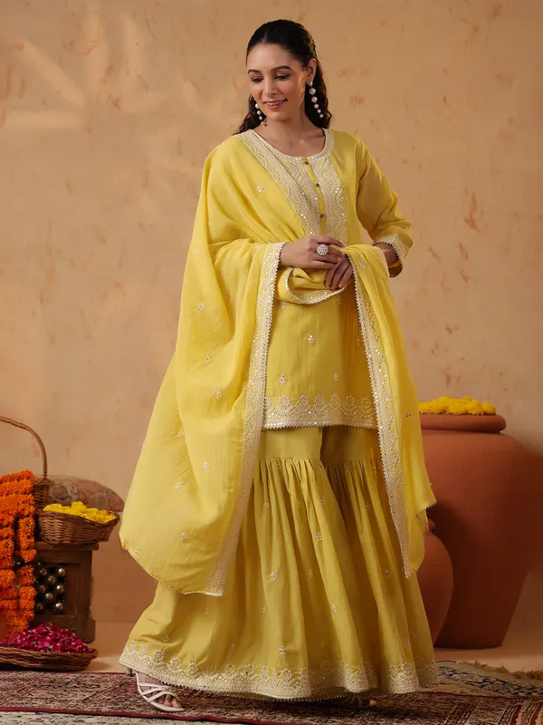 Yellow silk haldi sharara set with dupatta