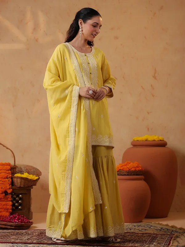Yellow silk haldi sharara set with dupatta