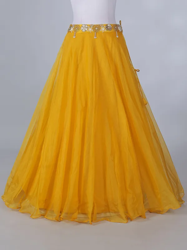Yellow silk haldi wear lehenga choli with shrug