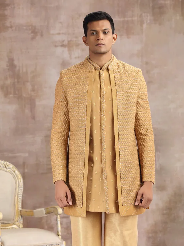 Yellow silk indo western for wedding wear