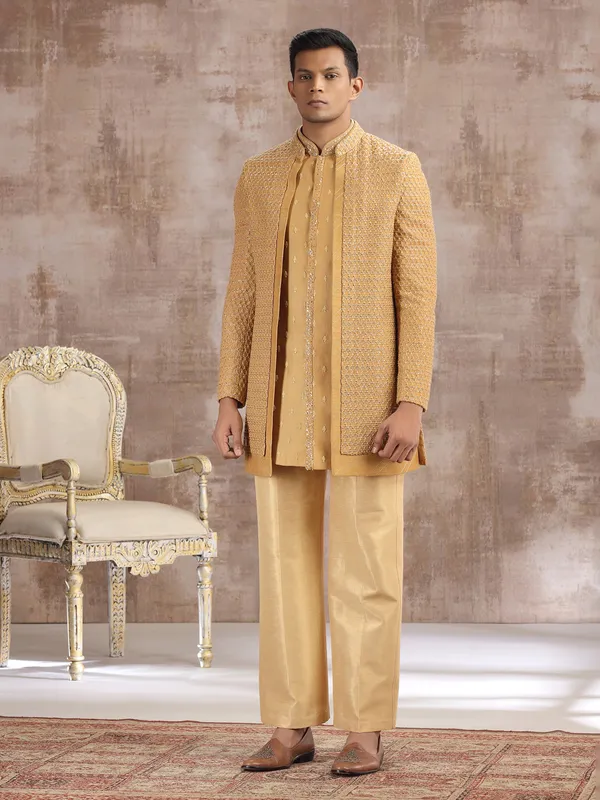 Yellow silk indo western for wedding wear