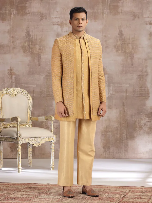 Yellow silk indo western for wedding wear