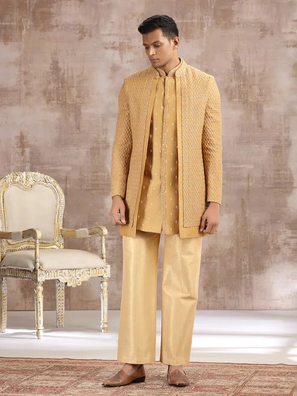 Yellow silk indo western for wedding wear