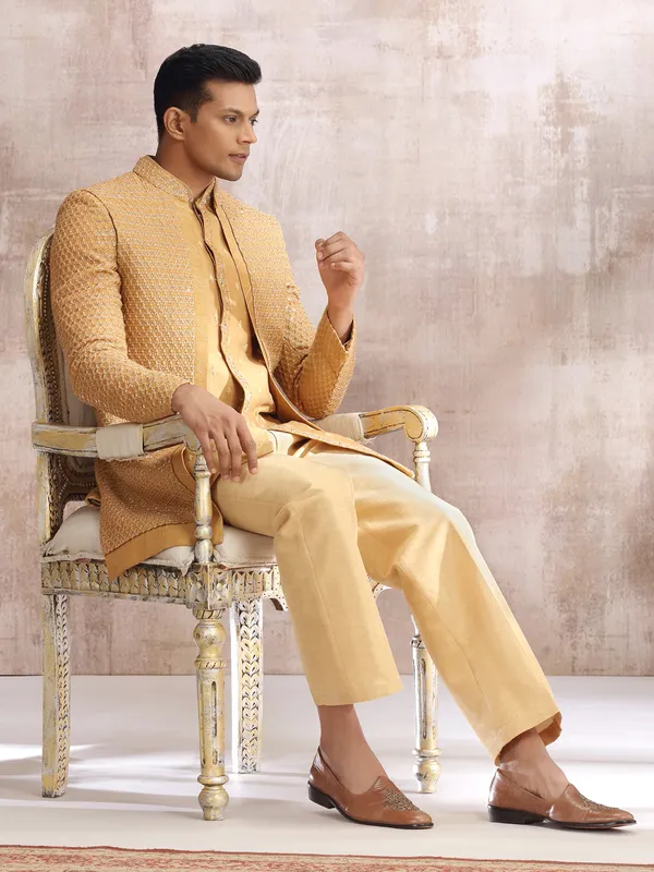 Yellow silk indo western for wedding wear