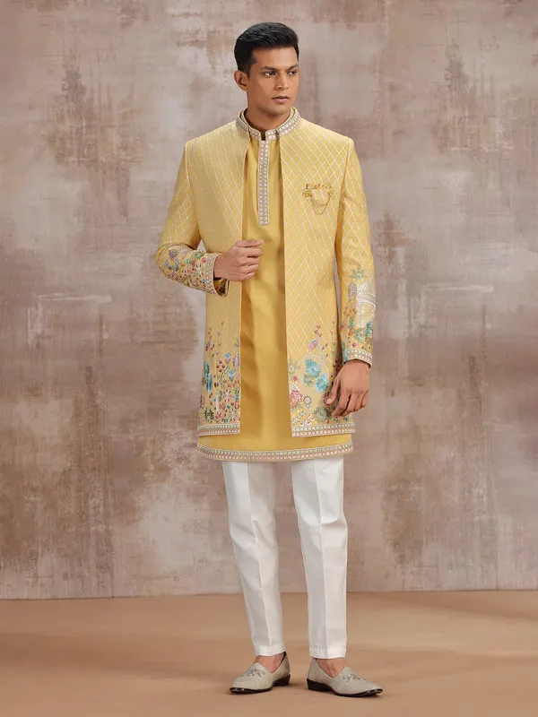 Yellow silk indo western with embroidery work