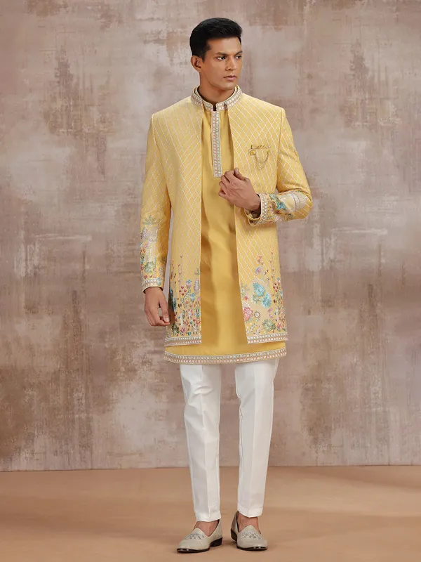 Yellow silk indo western with embroidery work