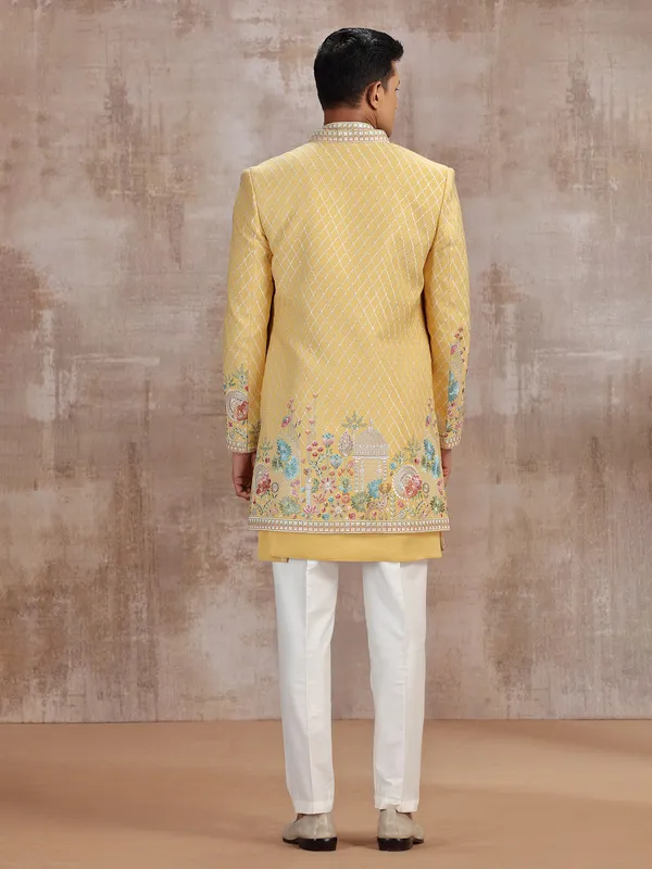 Yellow silk indo western with embroidery work