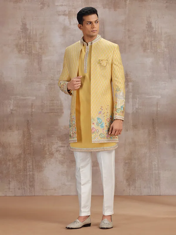 Yellow silk indo western with embroidery work
