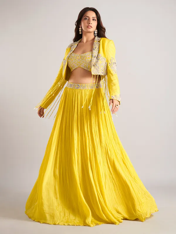 Yellow silk jacket style lehenga choli with cutdana work