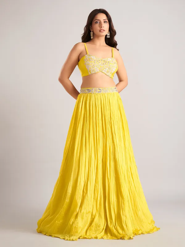 Yellow silk jacket style lehenga choli with cutdana work