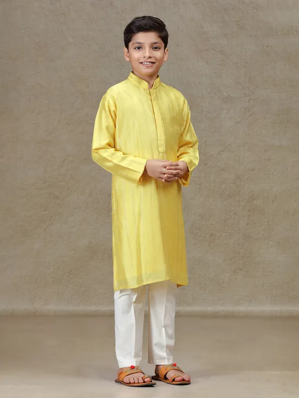Yellow silk kurta set for boys