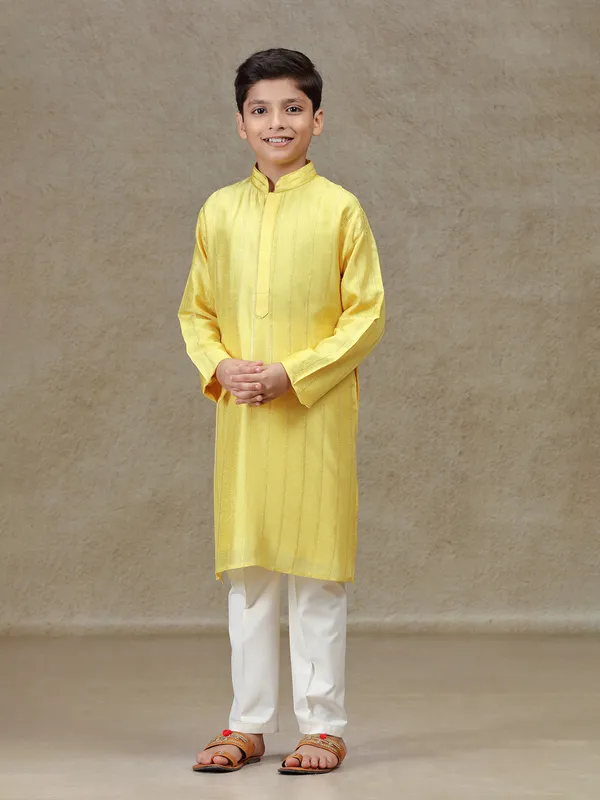 Yellow silk kurta set for boys