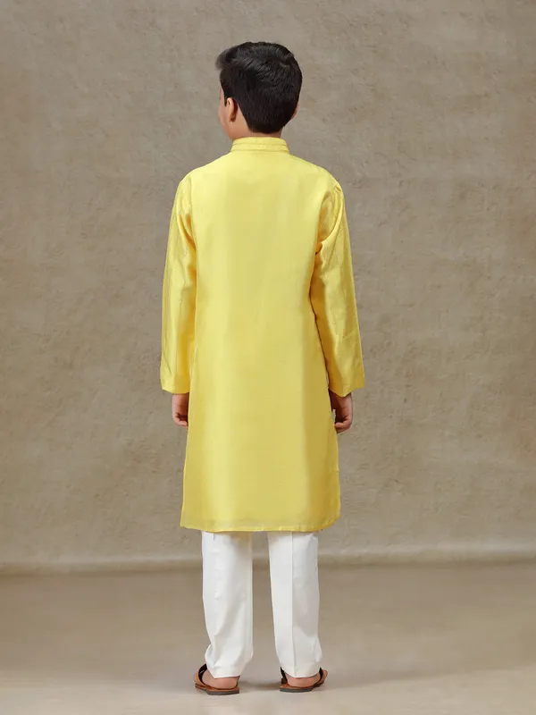 Yellow silk kurta set for boys