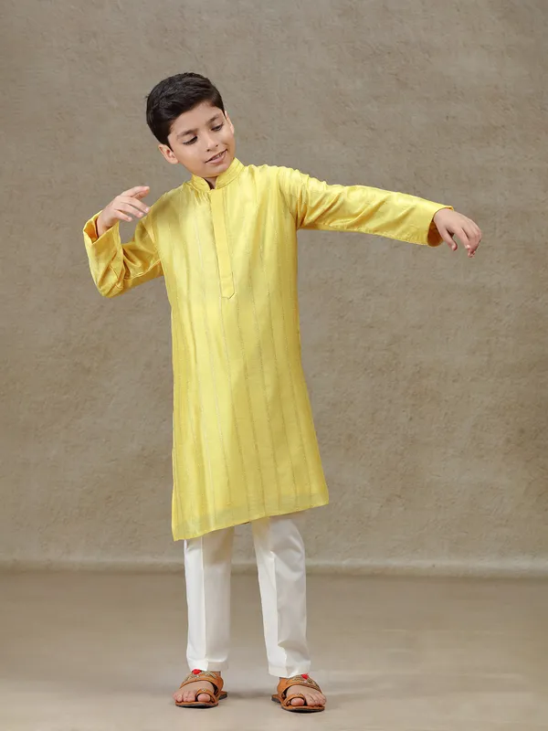 Yellow silk kurta set for boys