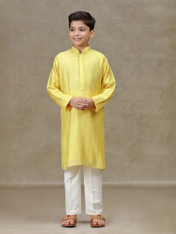 Yellow silk kurta set for boys