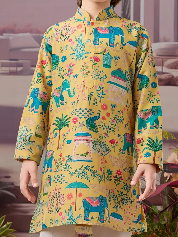 Yellow silk kurta set with vibrant prints