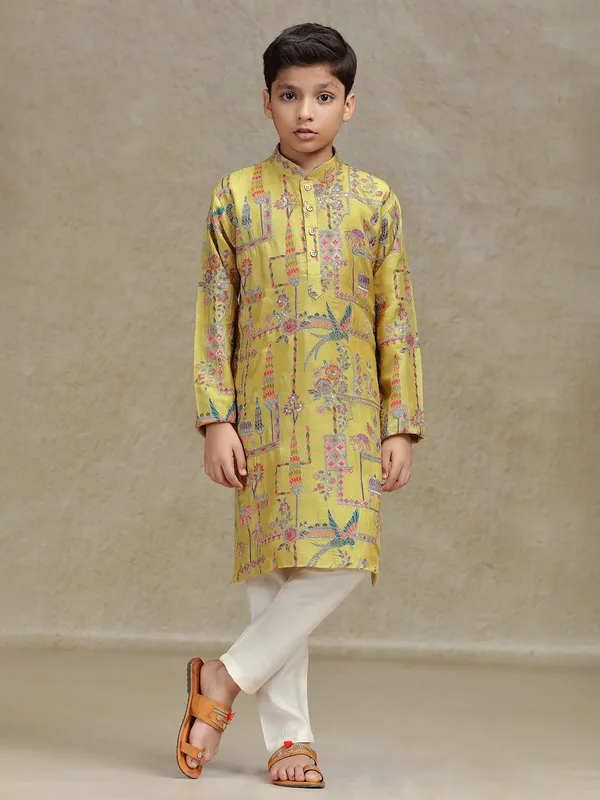 Yellow silk kurta suit for boys with print
