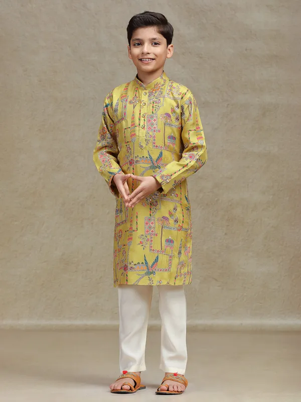 Yellow silk kurta suit for boys with print