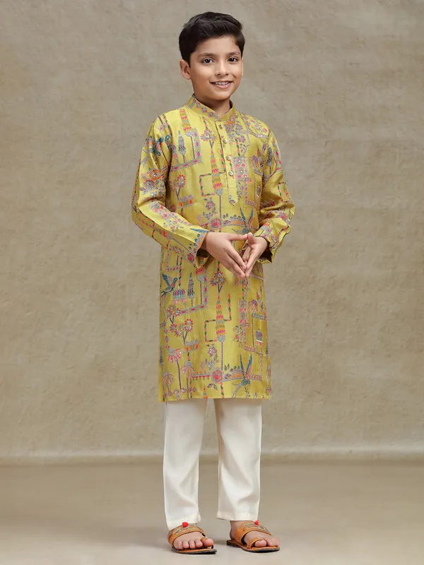 Yellow silk kurta suit for boys with print