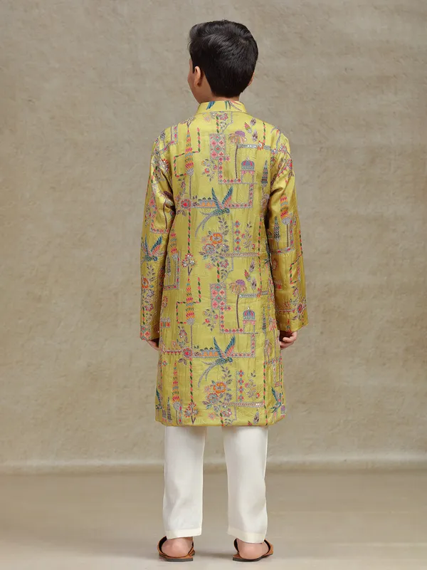Yellow silk kurta suit for boys with print