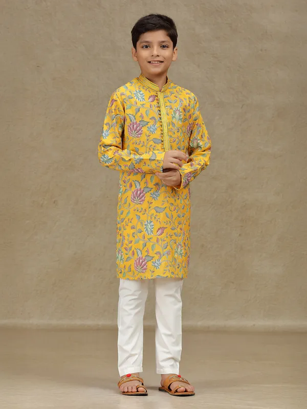 Yellow silk kurta suit for haldi with print