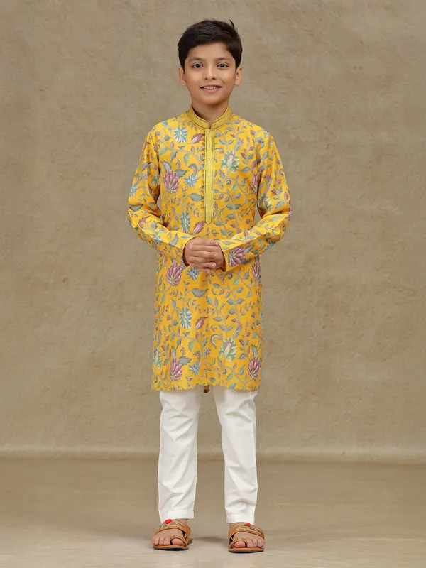 Yellow silk kurta suit for haldi with print