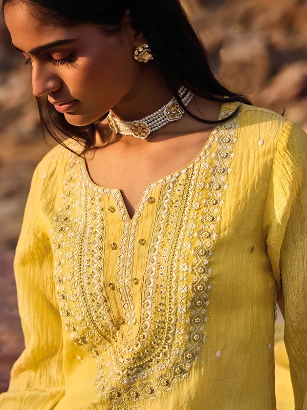 Yellow silk kurti set with dupatta for women festive wear