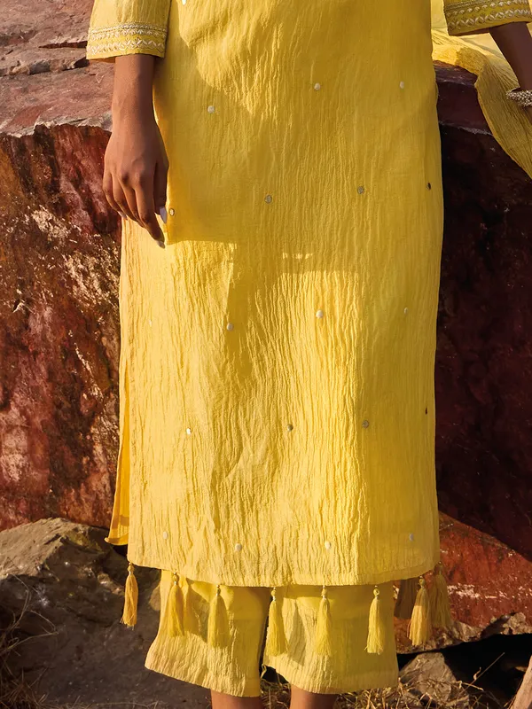 Yellow silk kurti set with dupatta for women festive wear