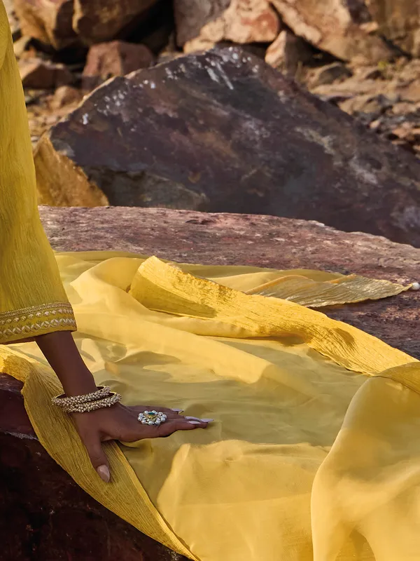 Yellow silk kurti set with dupatta for women festive wear