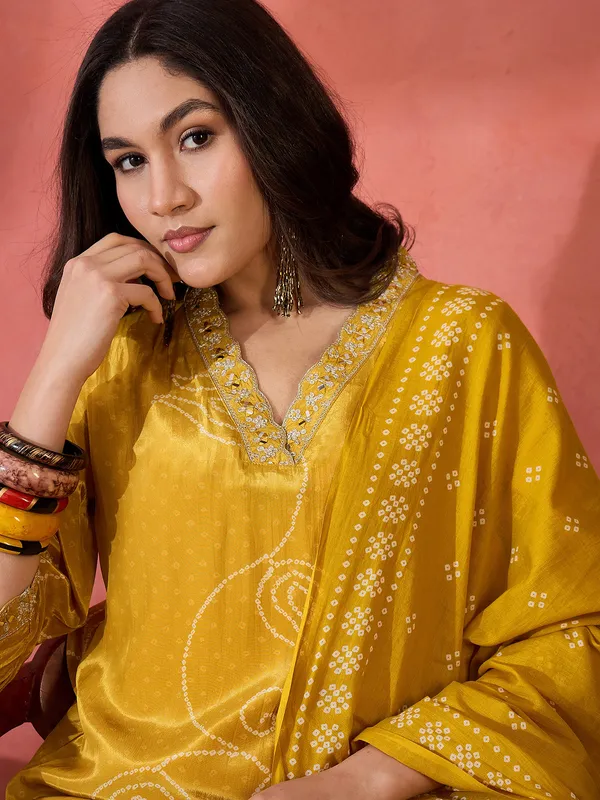 Yellow silk kurti set with print