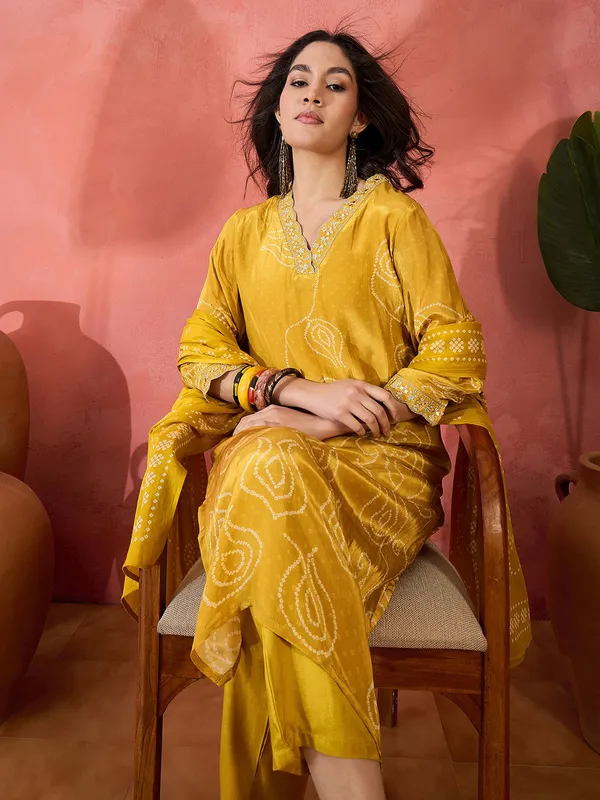 Yellow silk kurti set with print