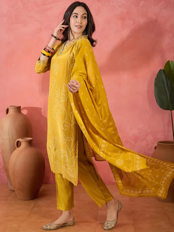 Yellow silk kurti set with print