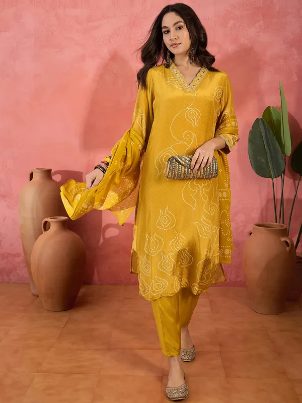Yellow silk kurti set with print