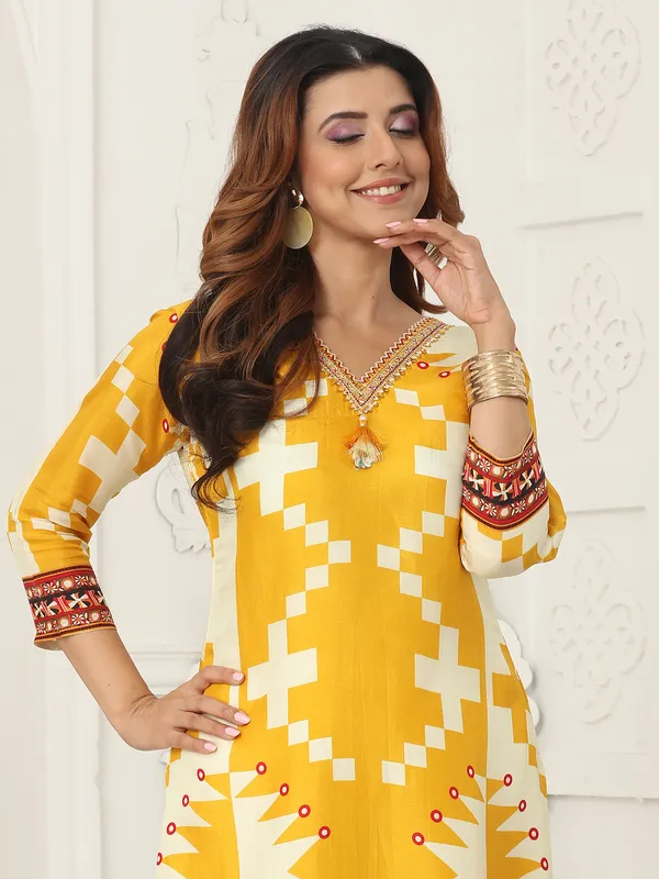 Yellow silk kurti set with print for women