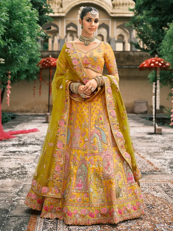 Yellow silk lehenga choli for haldi celebration